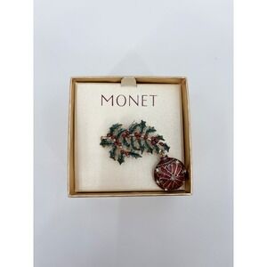 B10 Monet Christmas Brooch Pin Signed Ornament Red Green Holly Berry Enamel